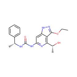 CCOc1n[nH]c2cc(NC(=O)N[C@H](C)c3ccccc3)nc([C@@H](C)O)c12 ZINC001772656055