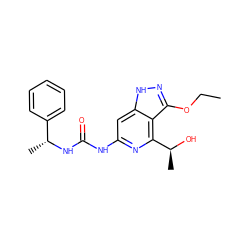 CCOc1n[nH]c2cc(NC(=O)N[C@H](C)c3ccccc3)nc([C@H](C)O)c12 ZINC001772597553