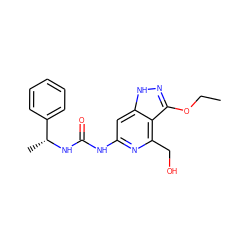 CCOc1n[nH]c2cc(NC(=O)N[C@H](C)c3ccccc3)nc(CO)c12 ZINC001772578511