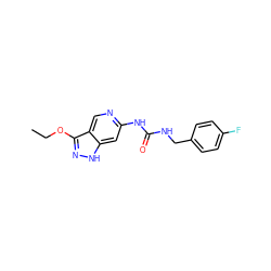 CCOc1n[nH]c2cc(NC(=O)NCc3ccc(F)cc3)ncc12 ZINC000209384544