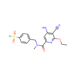 CCOc1nc(C(=O)N(C)Cc2ccc(S(C)(=O)=O)cc2)cc(N)c1C#N ZINC000014959996