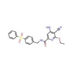 CCOc1nc(C(=O)NCc2ccc(S(=O)(=O)c3ccccc3)cc2)cc(N)c1C#N ZINC000028888139