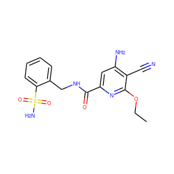 CCOc1nc(C(=O)NCc2ccccc2S(N)(=O)=O)cc(N)c1C#N ZINC000014959984