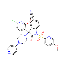 CCOc1nc(Cl)ccc1[C@@]1(N2CCN(c3ccncc3)CC2)C(=O)N(S(=O)(=O)c2ccc(OC)cn2)c2ccc(C#N)cc21 ZINC000068107551