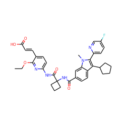 CCOc1nc(NC(=O)C2(NC(=O)c3ccc4c(C5CCCC5)c(-c5ccc(F)cn5)n(C)c4c3)CCC2)ccc1/C=C/C(=O)O ZINC000299870024