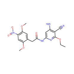 CCOc1nc(NC(=O)Cc2cc(OC)c([N+](=O)[O-])cc2OC)cc(N)c1C#N ZINC000014960084