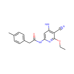 CCOc1nc(NC(=O)Cc2ccc(C)cc2)cc(N)c1C#N ZINC000014960051