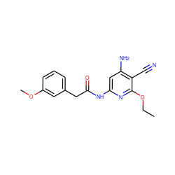 CCOc1nc(NC(=O)Cc2cccc(OC)c2)cc(N)c1C#N ZINC000014960058