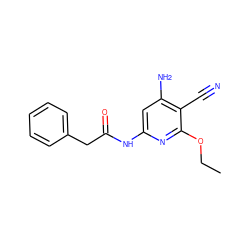 CCOc1nc(NC(=O)Cc2ccccc2)cc(N)c1C#N ZINC000014960029