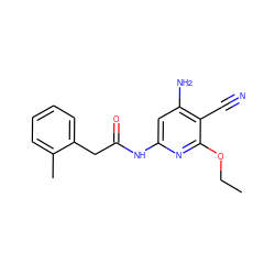 CCOc1nc(NC(=O)Cc2ccccc2C)cc(N)c1C#N ZINC000014960044