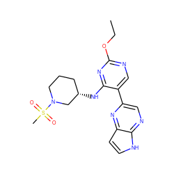 CCOc1ncc(-c2cnc3[nH]ccc3n2)c(N[C@H]2CCCN(S(C)(=O)=O)C2)n1 ZINC000169179512