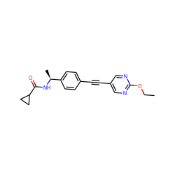 CCOc1ncc(C#Cc2ccc([C@H](C)NC(=O)C3CC3)cc2)cn1 ZINC000142358022