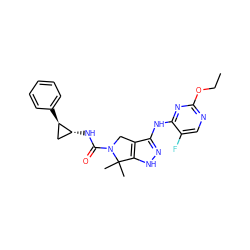 CCOc1ncc(F)c(Nc2n[nH]c3c2CN(C(=O)N[C@@H]2C[C@H]2c2ccccc2)C3(C)C)n1 ZINC000117594427