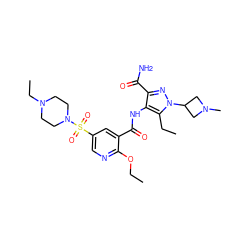 CCOc1ncc(S(=O)(=O)N2CCN(CC)CC2)cc1C(=O)Nc1c(C(N)=O)nn(C2CN(C)C2)c1CC ZINC000073198900