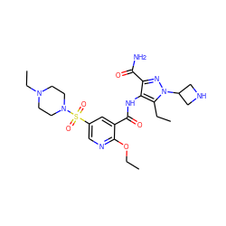 CCOc1ncc(S(=O)(=O)N2CCN(CC)CC2)cc1C(=O)Nc1c(C(N)=O)nn(C2CNC2)c1CC ZINC000073198899