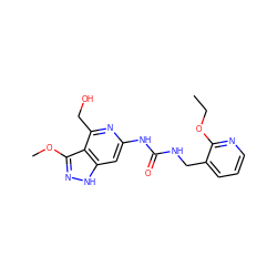 CCOc1ncccc1CNC(=O)Nc1cc2[nH]nc(OC)c2c(CO)n1 ZINC001772573141