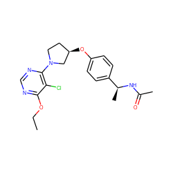 CCOc1ncnc(N2CC[C@@H](Oc3ccc([C@H](C)NC(C)=O)cc3)C2)c1Cl ZINC000261136659