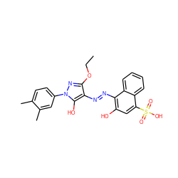 CCOc1nn(-c2ccc(C)c(C)c2)c(O)c1/N=N/c1c(O)cc(S(=O)(=O)O)c2ccccc12 ZINC000003976422