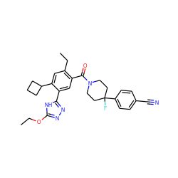 CCOc1nnc(-c2cc(C(=O)N3CCC(F)(c4ccc(C#N)cc4)CC3)c(CC)cc2C2CCC2)[nH]1 ZINC000150323161