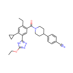 CCOc1nnc(-c2cc(C(=O)N3CCC(c4ccc(C#N)cc4)CC3)c(CC)cc2C2CC2)[nH]1 ZINC000150233553