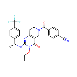 CCOn1c(N[C@H](C)c2ccc(C(F)(F)F)cc2)nc2c(c1=O)CN(C(=O)c1ccc(C#N)cc1)CC2 ZINC000216058531