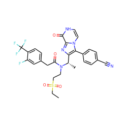 CCS(=O)(=O)CCN(C(=O)Cc1ccc(C(F)(F)F)c(F)c1)[C@@H](C)c1nc2c(=O)[nH]ccn2c1-c1ccc(C#N)cc1 ZINC000049722619