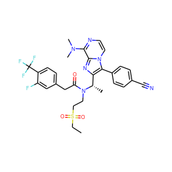 CCS(=O)(=O)CCN(C(=O)Cc1ccc(C(F)(F)F)c(F)c1)[C@@H](C)c1nc2c(N(C)C)nccn2c1-c1ccc(C#N)cc1 ZINC000049695116