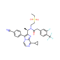 CCS(=O)(=O)CCN(C(=O)Cc1ccc(C(F)(F)F)c(F)c1)[C@H](C)c1nc2c(C3CC3)nccn2c1-c1ccc(C#N)cc1 ZINC000049694711