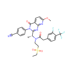 CCS(=O)(=O)CCN(C(=O)Cc1ccc(C(F)(F)F)c(F)c1)[C@H](C)c1nc2nc(OC)ccc2c(=O)n1-c1ccc(C#N)cc1 ZINC000049695215