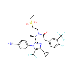 CCS(=O)(=O)CCN(C(=O)Cc1ccc(F)c(C(F)(F)F)c1)[C@H](C)c1nc(C2CC2)c(C(F)F)n1-c1ccc(C#N)cc1 ZINC000029130216