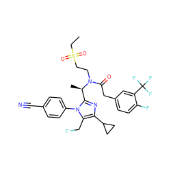 CCS(=O)(=O)CCN(C(=O)Cc1ccc(F)c(C(F)(F)F)c1)[C@H](C)c1nc(C2CC2)c(CF)n1-c1ccc(C#N)cc1 ZINC000029129120