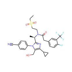 CCS(=O)(=O)CCN(C(=O)Cc1ccc(F)c(C(F)(F)F)c1)[C@H](C)c1nc(C2CC2)c(CO)n1-c1ccc(C#N)cc1 ZINC000029129119