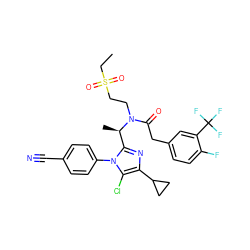 CCS(=O)(=O)CCN(C(=O)Cc1ccc(F)c(C(F)(F)F)c1)[C@H](C)c1nc(C2CC2)c(Cl)n1-c1ccc(C#N)cc1 ZINC000029130160