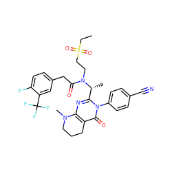 CCS(=O)(=O)CCN(C(=O)Cc1ccc(F)c(C(F)(F)F)c1)[C@H](C)c1nc2c(c(=O)n1-c1ccc(C#N)cc1)CCCN2C ZINC000029038862