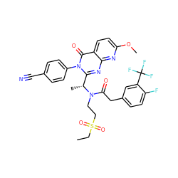 CCS(=O)(=O)CCN(C(=O)Cc1ccc(F)c(C(F)(F)F)c1)[C@H](C)c1nc2nc(OC)ccc2c(=O)n1-c1ccc(C#N)cc1 ZINC000049695033