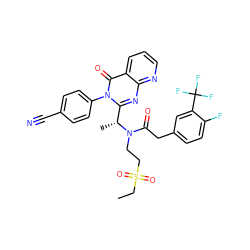 CCS(=O)(=O)CCN(C(=O)Cc1ccc(F)c(C(F)(F)F)c1)[C@H](C)c1nc2ncccc2c(=O)n1-c1ccc(C#N)cc1 ZINC000029038853