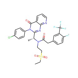 CCS(=O)(=O)CCN(C(=O)Cc1ccc(F)c(C(F)(F)F)c1)[C@H](C)c1nc2ncccc2c(=O)n1-c1ccc(Cl)cc1 ZINC000084544644