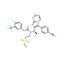 CCS(=O)(=O)CCN(C(=O)Cc1ccc(F)c(C(F)(F)F)c1)[C@H](C)c1nc2ncccn2c1-c1ccc(C#N)cc1 ZINC000029038871