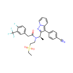 CCS(=O)(=O)CCN(C(=O)Cc1ccc(F)c(C(F)(F)F)c1)[C@H](C)c1nn2ccccc2c1-c1ccc(C#N)cc1 ZINC000029038876