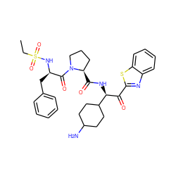 CCS(=O)(=O)N[C@H](Cc1ccccc1)C(=O)N1CCC[C@H]1C(=O)N[C@@H](C(=O)c1nc2ccccc2s1)C1CCC(N)CC1 ZINC000014954758