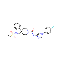 CCS(=O)(=O)N1CC2(CCN(C(=O)Nc3cn(-c4ccc(F)cc4)cn3)CC2)c2ccccc21 ZINC000045299999