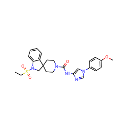 CCS(=O)(=O)N1CC2(CCN(C(=O)Nc3cn(-c4ccc(OC)cc4)cn3)CC2)c2ccccc21 ZINC000045299710