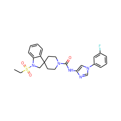 CCS(=O)(=O)N1CC2(CCN(C(=O)Nc3cn(-c4cccc(F)c4)cn3)CC2)c2ccccc21 ZINC000045299499