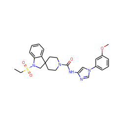 CCS(=O)(=O)N1CC2(CCN(C(=O)Nc3cn(-c4cccc(OC)c4)cn3)CC2)c2ccccc21 ZINC000045284331