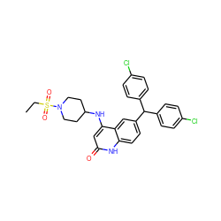 CCS(=O)(=O)N1CCC(Nc2cc(=O)[nH]c3ccc(C(c4ccc(Cl)cc4)c4ccc(Cl)cc4)cc23)CC1 ZINC001772647037