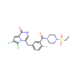 CCS(=O)(=O)N1CCN(C(=O)c2cc(Cc3c[nH]c(=O)c4cc(Cl)c(Cl)n34)ccc2F)CC1 ZINC000045365055