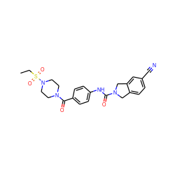 CCS(=O)(=O)N1CCN(C(=O)c2ccc(NC(=O)N3Cc4ccc(C#N)cc4C3)cc2)CC1 ZINC000166858239