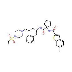 CCS(=O)(=O)N1CCN(CCC[C@@H](Cc2ccccc2)NC(=O)C2(NC(=O)c3cc4ccc(C)cc4s3)CCCC2)CC1 ZINC000049777497