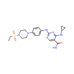 CCS(=O)(=O)N1CCN(c2ccc(Nc3ncc(C(N)=O)c(NC4CC4)n3)cc2)CC1 ZINC000114483165