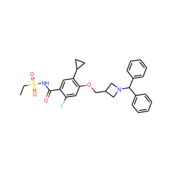 CCS(=O)(=O)NC(=O)c1cc(C2CC2)c(OCC2CN(C(c3ccccc3)c3ccccc3)C2)cc1F ZINC000216269163
